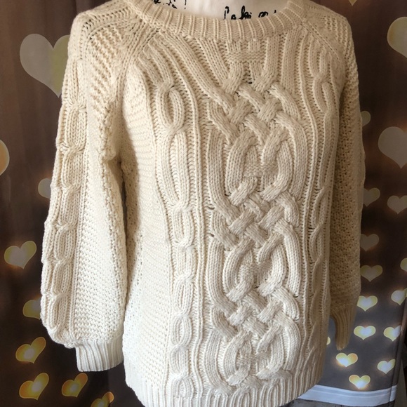 Sweater cable knit lantern sleeve cream white womens long sleeve top - Picture 14 of 14